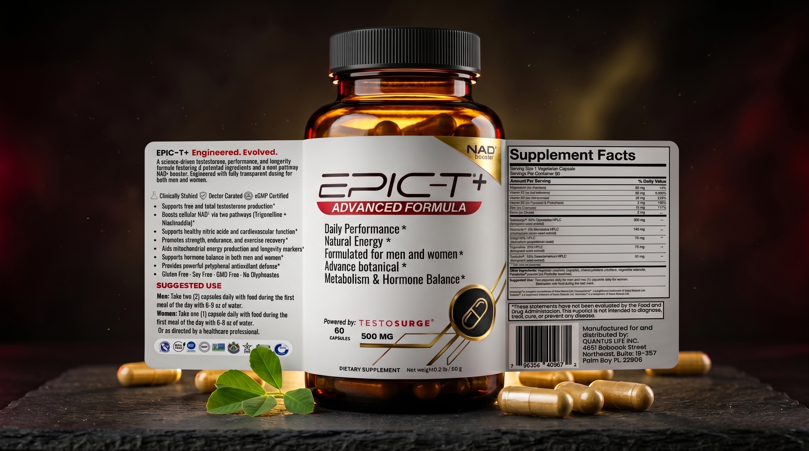 EPIC-T+ bottle with full supplement facts panel and ingredient list visible