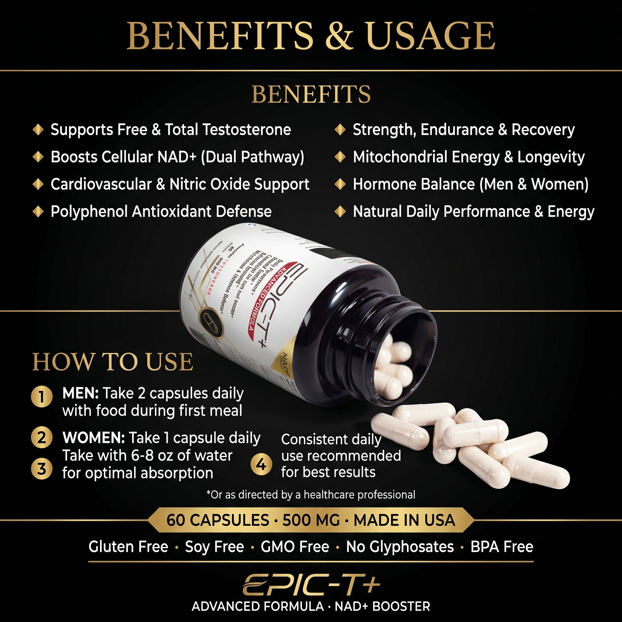 EPIC-T+ Benefits & Usage — supports testosterone, NAD⁺, performance, and longevity