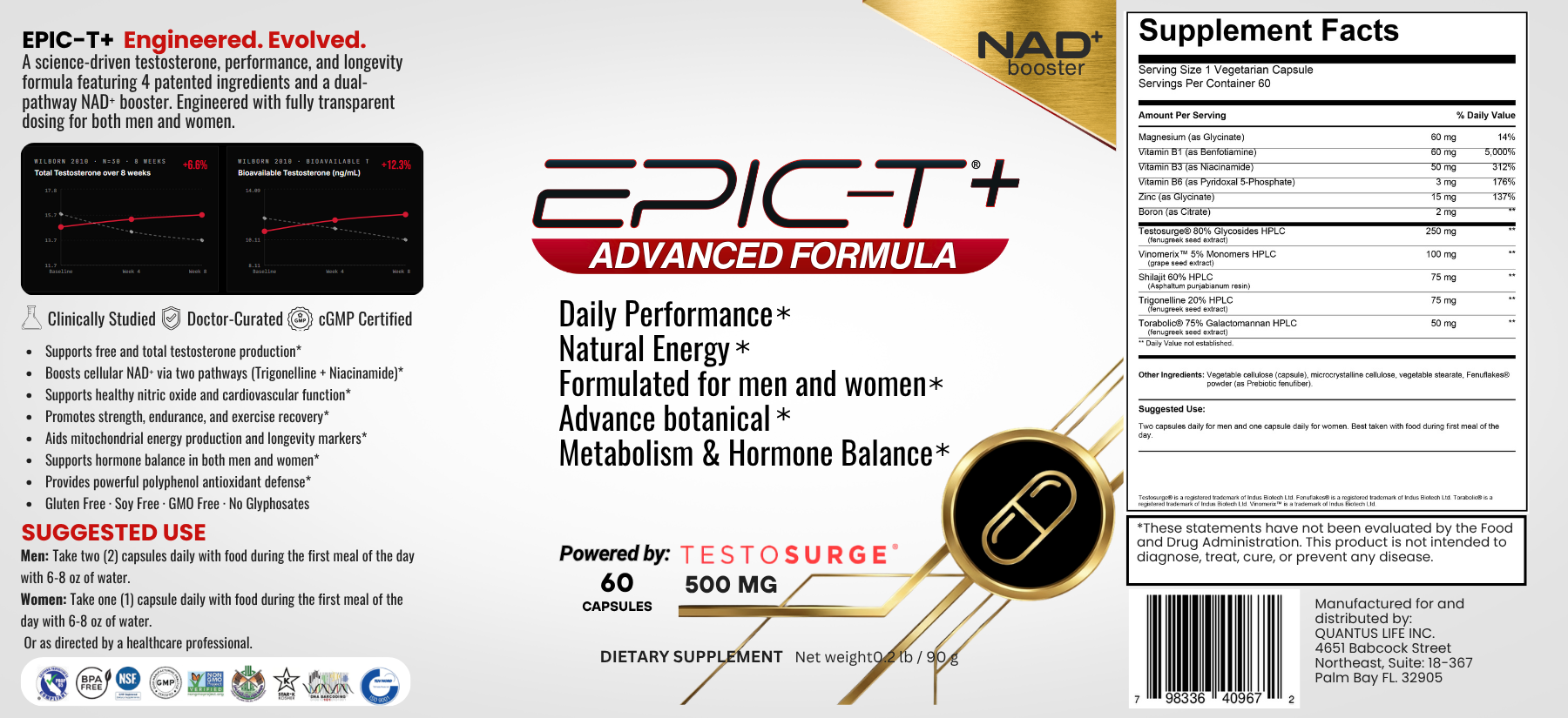 EPIC-T+ full product label with supplement facts panel